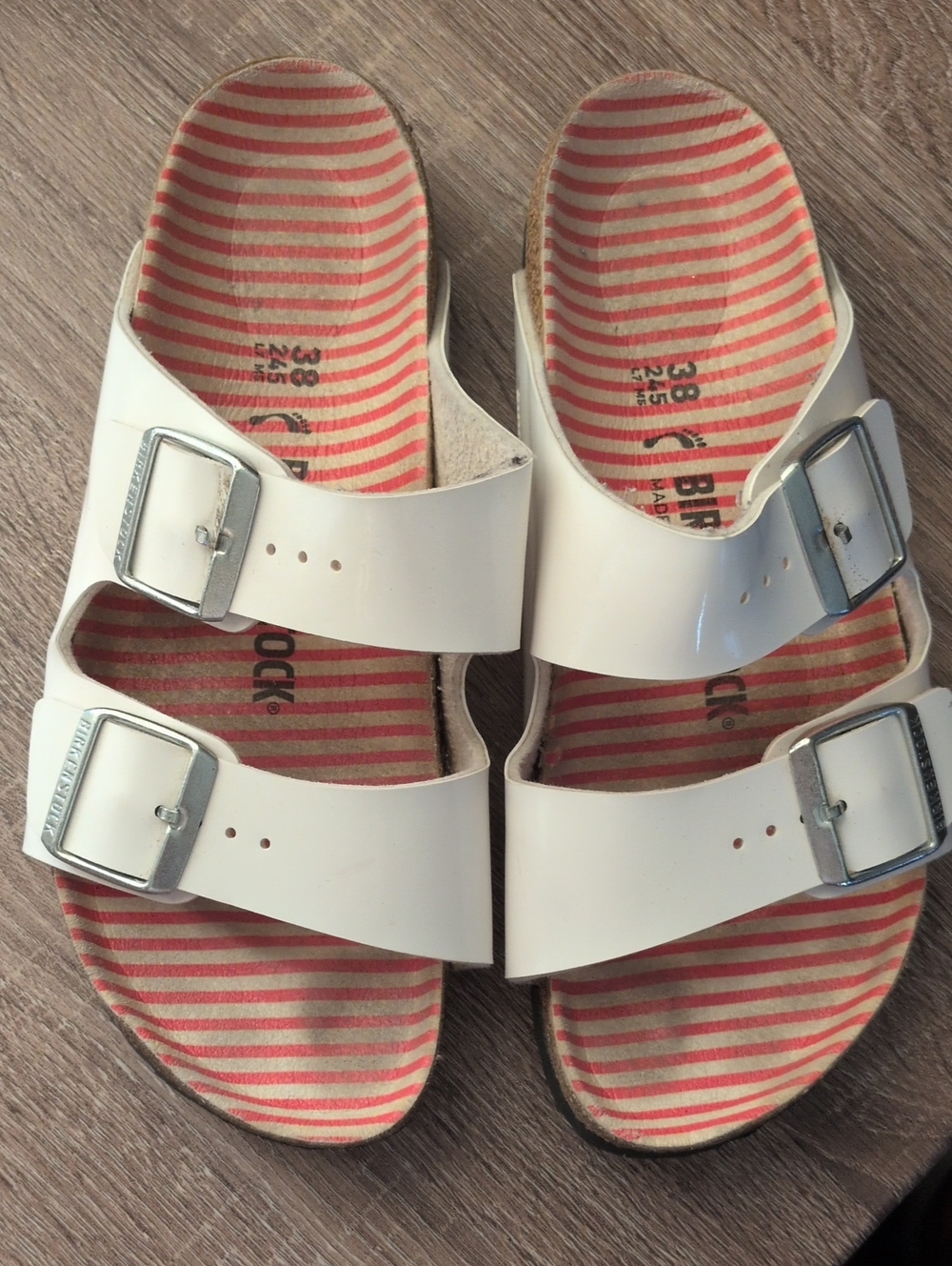 Birkenstock  White Double-Buckle Sandals with Coral-Striped Footbed
